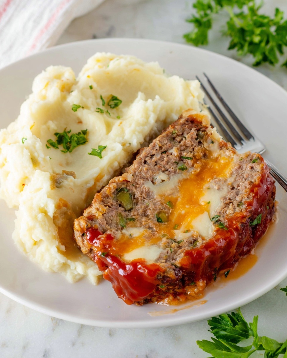 A white plate with a serving of creamy mashed potatoes on the left side featuring a smooth and fluffy texture, next to a thick slice of meatloaf on the right. The meatloaf has an outer brown crust with bits of green and orange herbs and vegetables visible inside. Its center reveals a bright, melted orange layer of cheese. There is a layer of shiny red sauce on the top and side of the meatloaf. A silver fork rests on the right side of the plate, partially on the mashed potatoes. The plate is placed on a white marbled surface with some green parsley leaves visible at the bottom right corner. Photo taken with an iphone --ar 4:5 --v 7