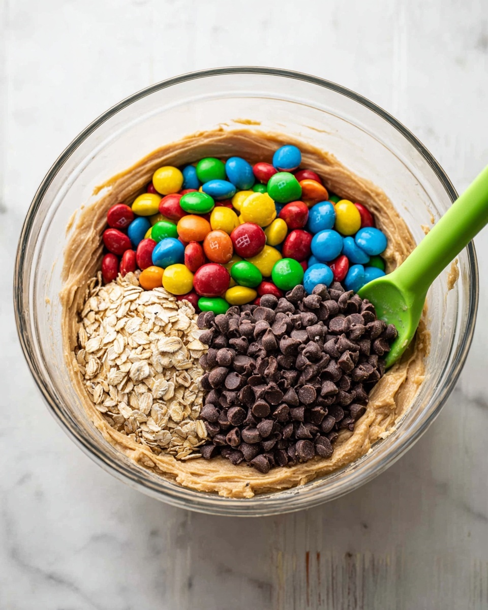 A clear glass bowl sits on a white marbled surface, filled with four distinct layers of ingredients. The bottom layer is a smooth light brown dough, almost creamy in texture. On top of this dough, there are three separate piles: a golden beige layer of dry oats, a large section of dark brown small chocolate chips, and a colorful mound of round candy-coated chocolates in bright red, yellow, green, blue, and orange. A green spatula is placed into the mixture, resting on the chocolate chip side. photo taken with an iphone --ar 4:5 --v 7