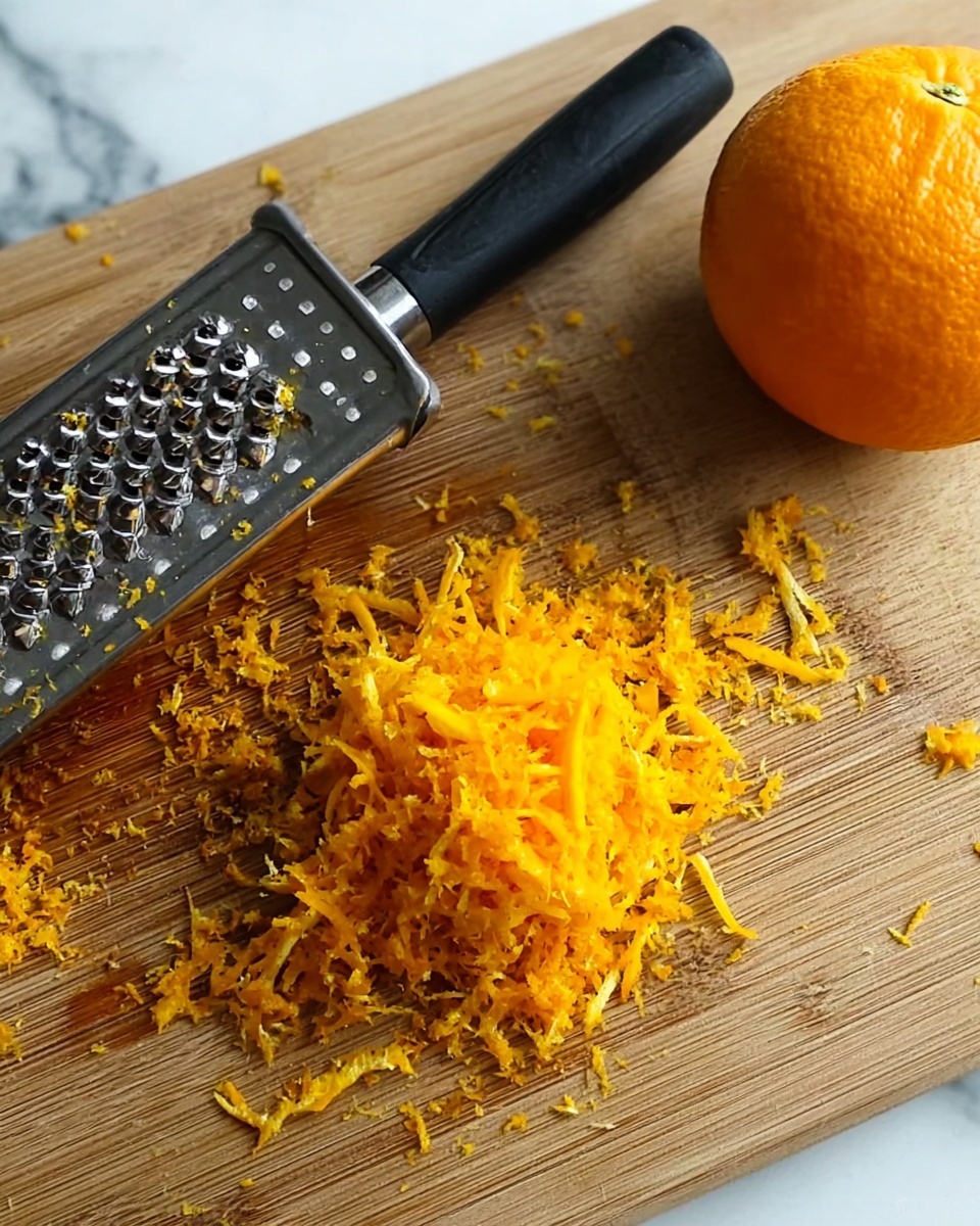 The image shows a wooden board with a pile of fresh orange zest in the center. To the left of the zest, there is a metal zester with a black handle resting on the board. On the right side of the board, there is a whole orange. The texture of the zest is fine and vibrant, with bright orange pieces scattered slightly around the main pile. The background is a white marbled surface. photo taken with an iphone --ar 4:5 --v 7