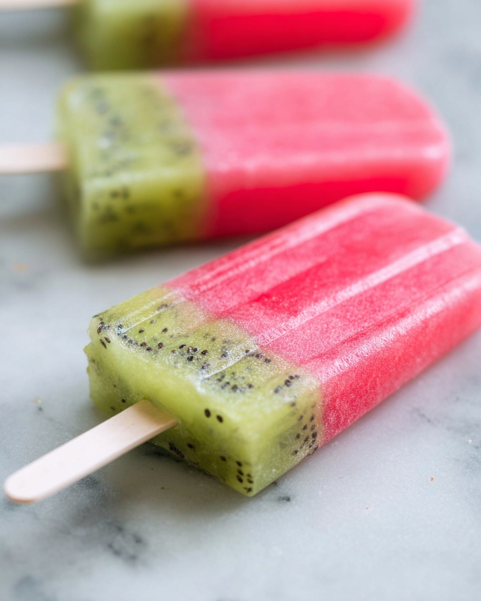 The image shows three popsicles on a white marbled surface, each with two distinct layers. The bottom layer is a smooth, bright pink color resembling watermelon, taking up about three-quarters of the popsicle. The top layer is a thinner, light green section with small black seeds scattered throughout, resembling kiwi fruit. The popsicles have a slightly glossy texture and are attached to white wooden sticks. The focus is on the popsicle in the lower left corner, with parts of two others blurred in the background. photo taken with an iphone --ar 4:5 --v 7