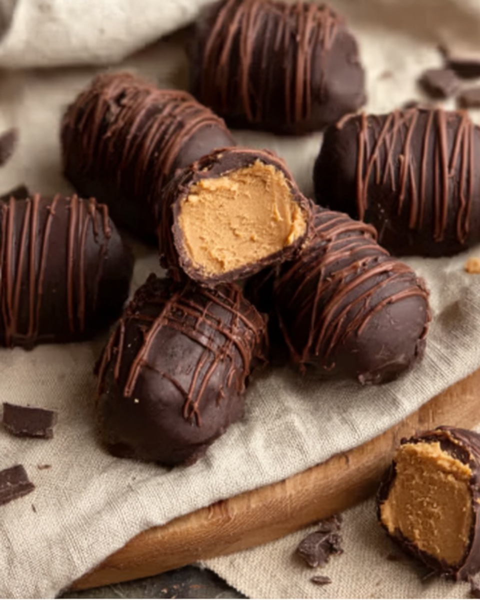 The image shows several peanut butter treats covered in thick dark brown chocolate. One treat is cut open, revealing a dense, smooth light brown peanut butter center inside. The treats are placed on a light wood board resting on a soft beige cloth, with small chocolate pieces scattered around. The chocolate coating appears slightly shiny with thin, darker chocolate lines drizzled on top. The focus is on the textures of the chocolate and peanut butter layers. photo taken with an iphone --ar 4:5 --v 7