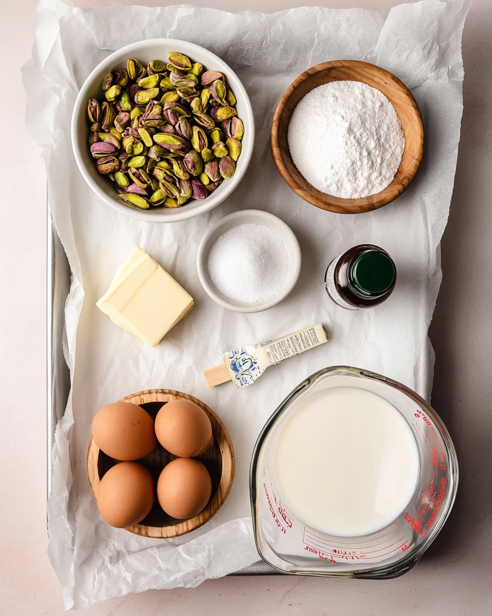The image shows a white tray lined with wrinkled white parchment paper placed on a white marbled surface. On the tray, there is a white bowl filled with shelled pistachios with green and purple hues in the top left corner. Next to it is a small wooden bowl containing a white powdery substance, and beside it is a dark amber bottle with a green cap. Below these, a wooden bowl holds three brown eggs with smooth shells. Near the eggs, there is a white measuring spoon with a small amount of white salt and a small stick of butter wrapped in paper with blue markings. A white bowl with granulated white sugar sits to the left, and in the bottom right corner, there is a transparent measuring jug filled with white milk with red measuring marks visible. The whole setup is bright and clean with soft shadows, photo taken with an iphone --ar 4:5 --v 7