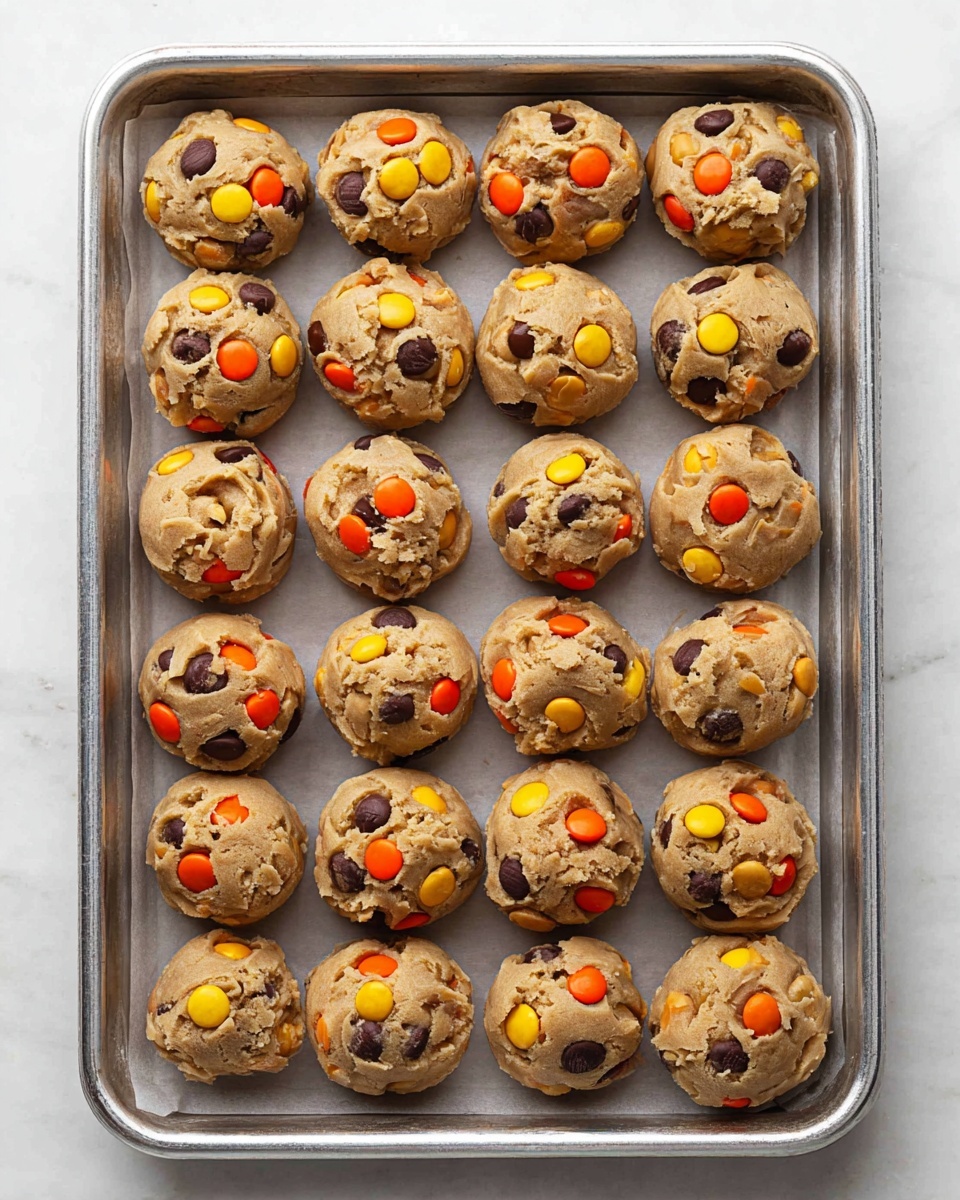 The image shows a tray with 24 cookie dough balls arranged in four rows by six columns. Each cookie dough ball is light brown and studded with colorful candy pieces in orange, yellow, dark brown, and light tan, scattered evenly on the surface. The cookie dough balls have a soft, slightly crinkled texture with visible candy pieces embedded. The tray is metal and lined with a white parchment paper underneath the dough balls. The entire setup is placed on a white marbled surface. photo taken with an iphone --ar 4:5 --v 7