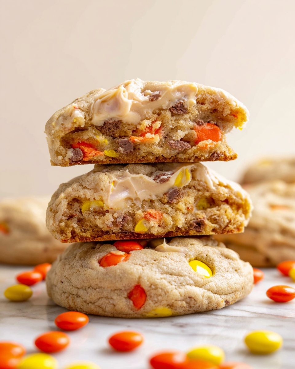 A stack of three cookies sits on a white marbled surface, with the top cookie broken in half and placed on the middle cookie, showing a soft, light brown inside dotted with colorful candy pieces in orange and yellow hues. The cookies have a slightly crumbly texture with creamy swirls around the candies, and more candy pieces scattered around the base on the surface, enhancing the warm, inviting look. photo taken with an iphone --ar 4:5 --v 7