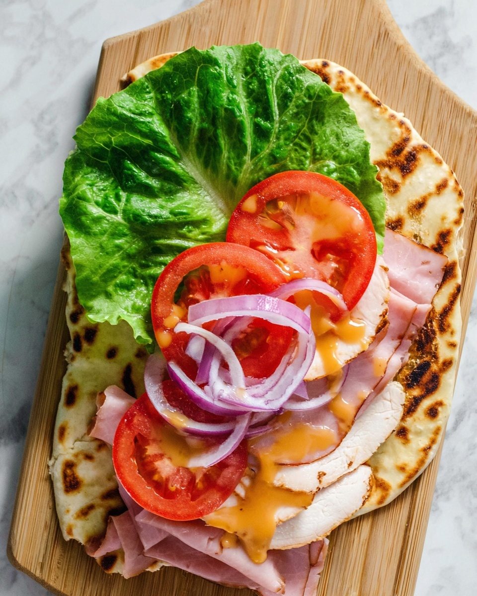 The image shows an open flatbread wrap placed on a wooden board, the flatbread is toasted with charred grill marks and a light golden-brown color. On the flatbread, there is a large green lettuce leaf forming the first layer with a fresh and crisp texture. Above the lettuce, there are two layers of light pink ham slices arranged unevenly, covering most of the lettuce. On top of the ham, there are two cream-colored turkey slices, smooth in texture and slightly overlapping. The turkey slices are topped with several bright red tomato slices, each showing juicy texture and seeds inside. Thin purple onion rings are scattered on top of the tomatoes, adding a fresh and crunchy look. A light orange-yellow sauce is drizzled over the tomato and onion layers, adding a glossy and moist shine. The wrap is on a surface with a white marbled texture. Photo taken with an iphone --ar 4:5 --v 7