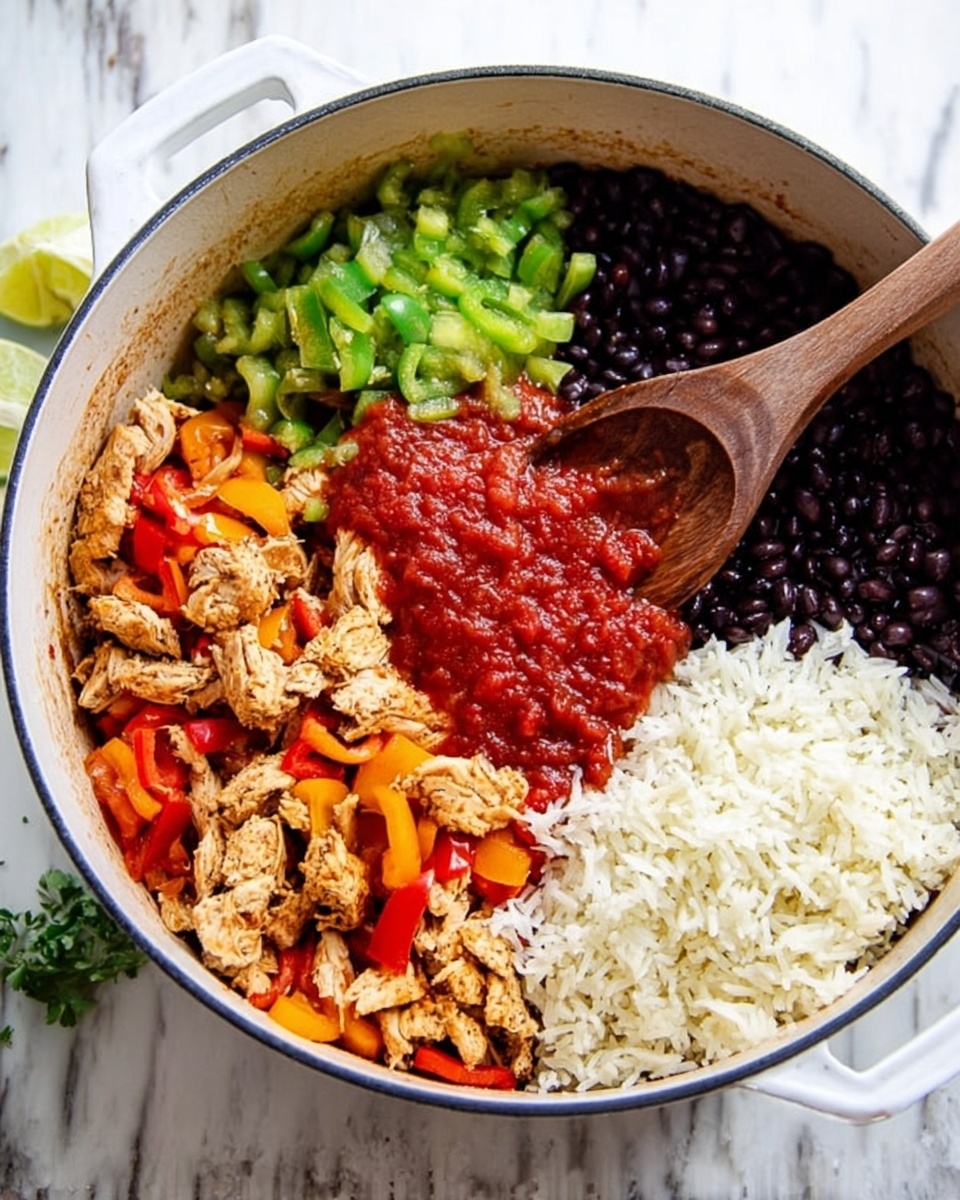 A white pot filled with separate layers of ingredients on a white marbled surface: in the top right, black beans pile up dark and shiny; next to them, a pile of bright red tomato sauce; below the sauce, white uncooked rice grains; beside the rice, chopped green peppers appear fresh and chunky; to the left of the peppers, grilled light brown chicken strips mixed with yellow and orange bell pepper slices; a wooden spoon rests inside the pot, partially scooping the chicken and sauce layers. Photo taken with an iphone --ar 4:5 --v 7