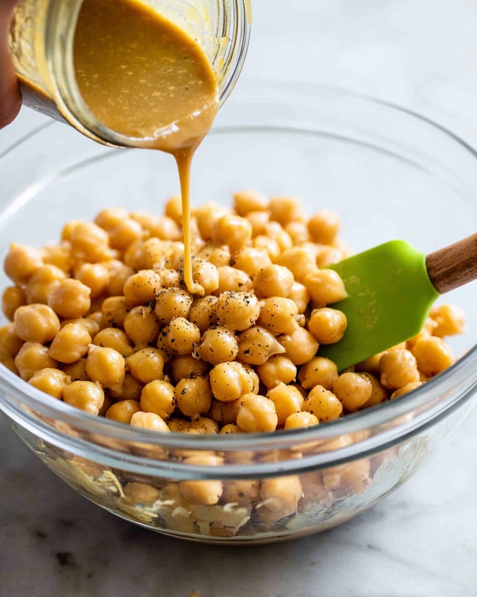 A clear glass bowl filled with two layers of light tan chickpeas, each chickpea round and smooth with tiny black specks of seasoning. A woman's hand is pouring a thick, golden brown liquid dressing from a clear jar onto the top layer of chickpeas, the sauce shining as it flows over the beans. A green spatula with a wooden handle rests in the bowl, slightly lifting some chickpeas. The bowl is placed on a white marbled surface with soft lighting that highlights the texture of the chickpeas and the shine of the liquid. photo taken with an iphone --ar 4:5 --v 7