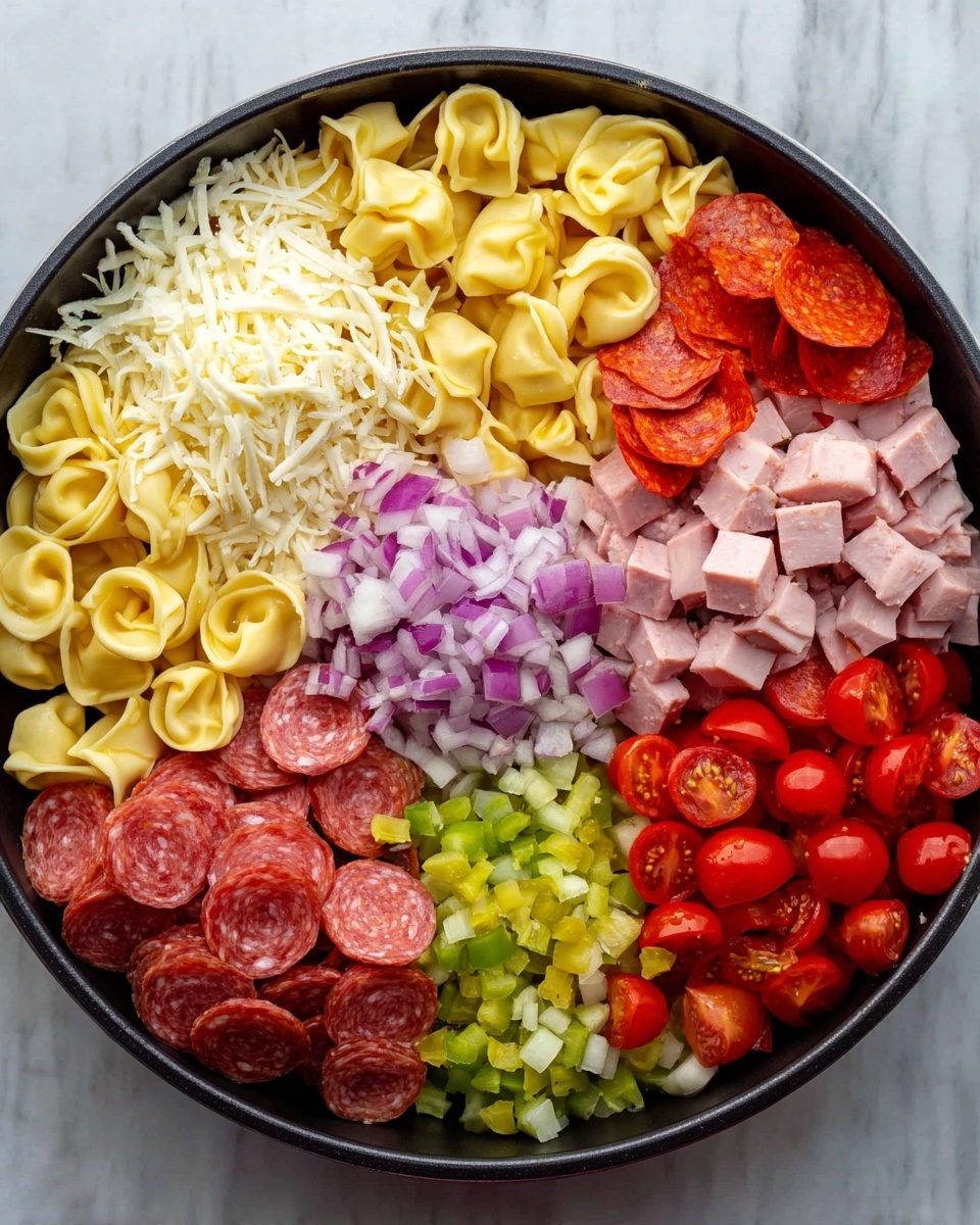 The image shows a black round pan placed on a white marbled surface. Inside the pan, there are eight distinct sections of food arranged side by side in a circular pattern. Starting from the top and moving clockwise, the first section contains white shredded cheese, next is diced pale pink ham, followed by yellow tortellini pasta. Then there is a section of sliced pepperoni with a rich red-orange color, followed by finely chopped red onions mixed with green pepper slices. Moving further, there are sliced bright yellow-green pepperoncini, diced dark pink salami, and lastly, halved bright red cherry tomatoes. The colors and textures are clear and vibrant, showing a variety of fresh ingredients. photo taken with an iphone --ar 4:5 --v 7