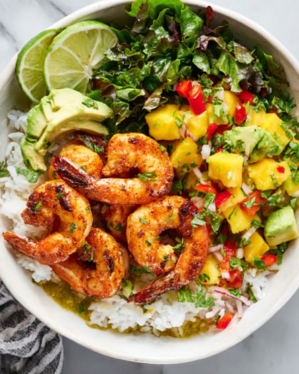 A white bowl is filled with four main layers: at the bottom, there is a layer of white rice, topped with a layer of cooked shrimp that are reddish-orange with blackened spices, arranged mostly in the center; on one side, there are slices of bright green avocado fanned out, and on the other side, a colorful mix of chopped pineapple, red bell pepper, red onion, and cilantro that add vibrant yellow, red, purple, and green colors respectively. A slice of lime sits on the edge of the rice, and some green leafy lettuce is underneath the toppings, all set on a white marbled surface with some cilantro leaves nearby and a black and white checkered cloth under the bowl. photo taken with an iphone --ar 4:5 --v 7