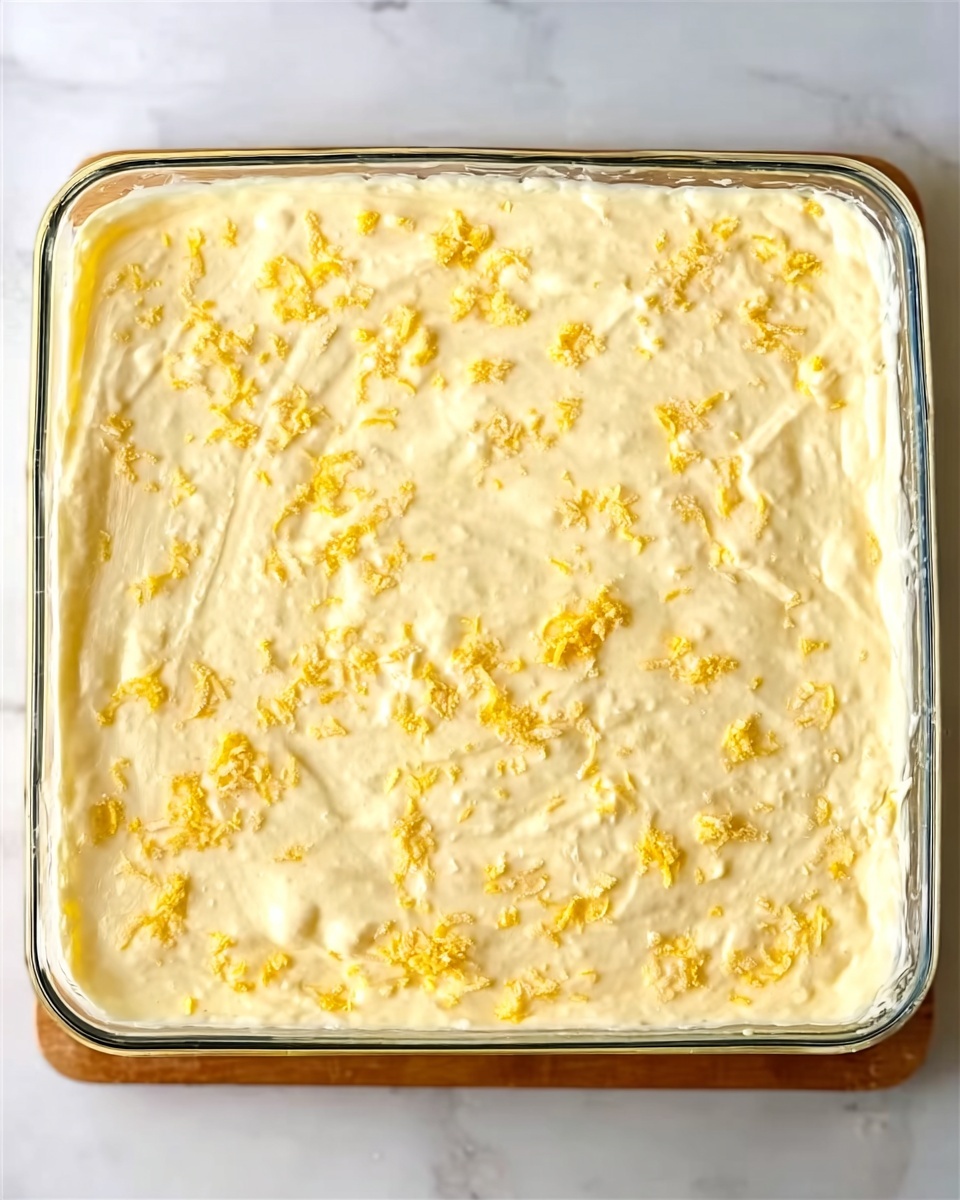 The image shows a square glass dish filled with a creamy, pale yellow mixture that is smooth on the surface with small, uneven patches of grated yellow cheese spread all over the top. The dish rests on a white marbled surface, highlighting the soft, rich texture of the creamy layer and the slightly textured cheese bits. photo taken with an iphone --ar 4:5 --v 7