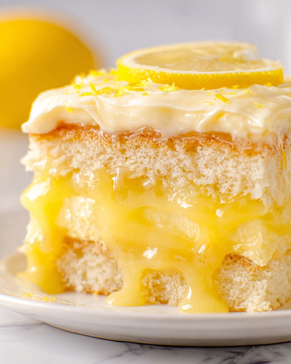 A close-up view of a three-layer dessert on a white plate, placed on a white marbled surface. The bottom and middle layers are light beige, soft and spongy cake-like texture. Between the layers, there is a thick, glossy, bright yellow lemon filling with a smooth and slightly dripping texture. The top layer is a creamy pale yellow lemon frosting, spread thickly with a soft and fluffy texture, topped with a small slice of lemon and a sprinkle of lemon zest. The overall look is fresh, bright, and rich in yellow tones. Photo taken with an iphone --ar 4:5 --v 7