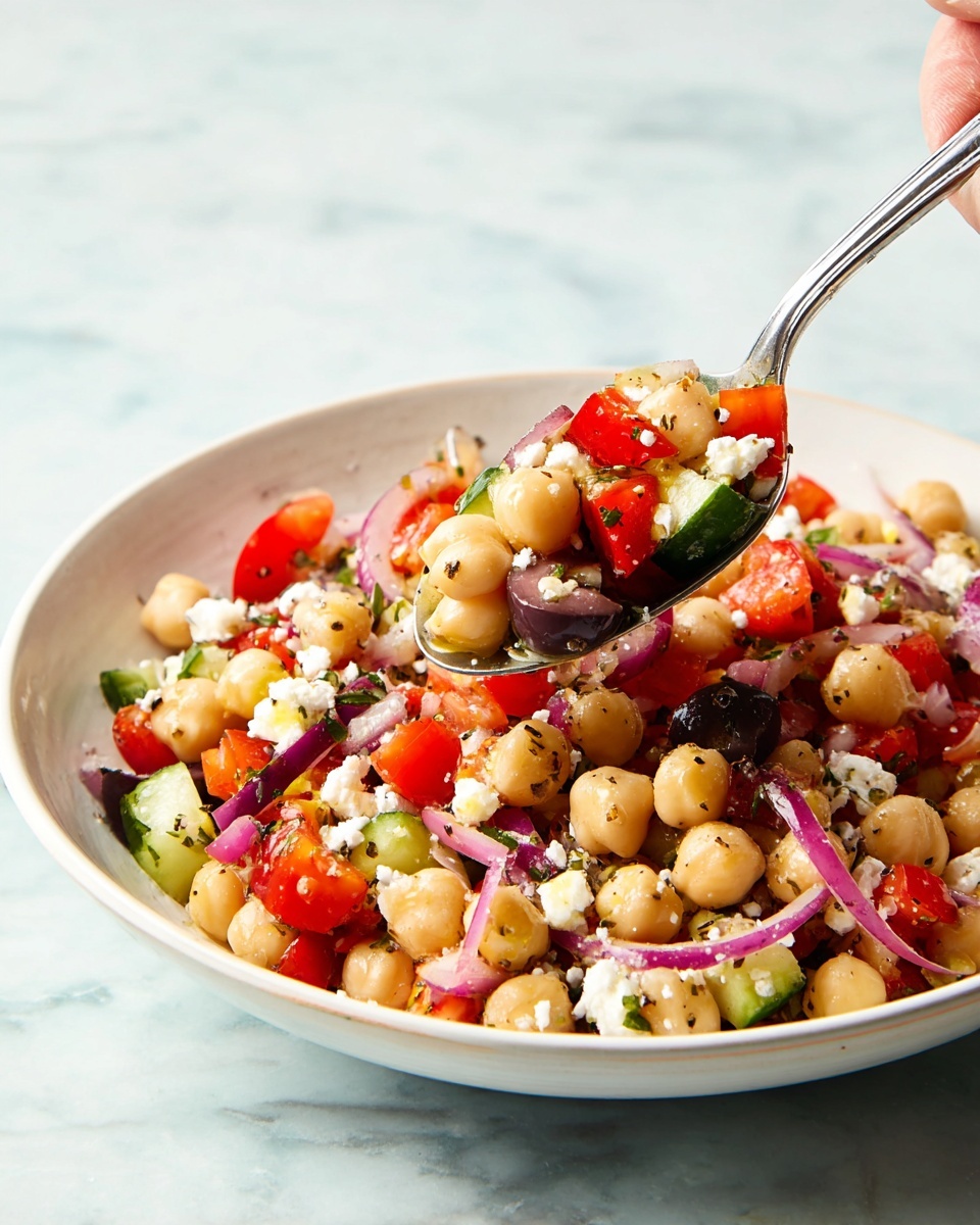 A white bowl filled with a colorful salad showing distinct layers: small round chickpeas with a beige color, bright red diced bell peppers, dark purple olive slices, thin strips of light purple red onion, small chunks of green cucumber, and white crumbled cheese mixed throughout. The textures range from smooth chickpeas to crunchy vegetables, all lightly coated in yellow olive oil and sprinkled with black pepper and green herbs. A spoon lifted by a woman's hand is scooping a mix of these ingredients, hovering above the bowl. The background is a white marbled texture. photo taken with an iphone --ar 4:5 --v 7