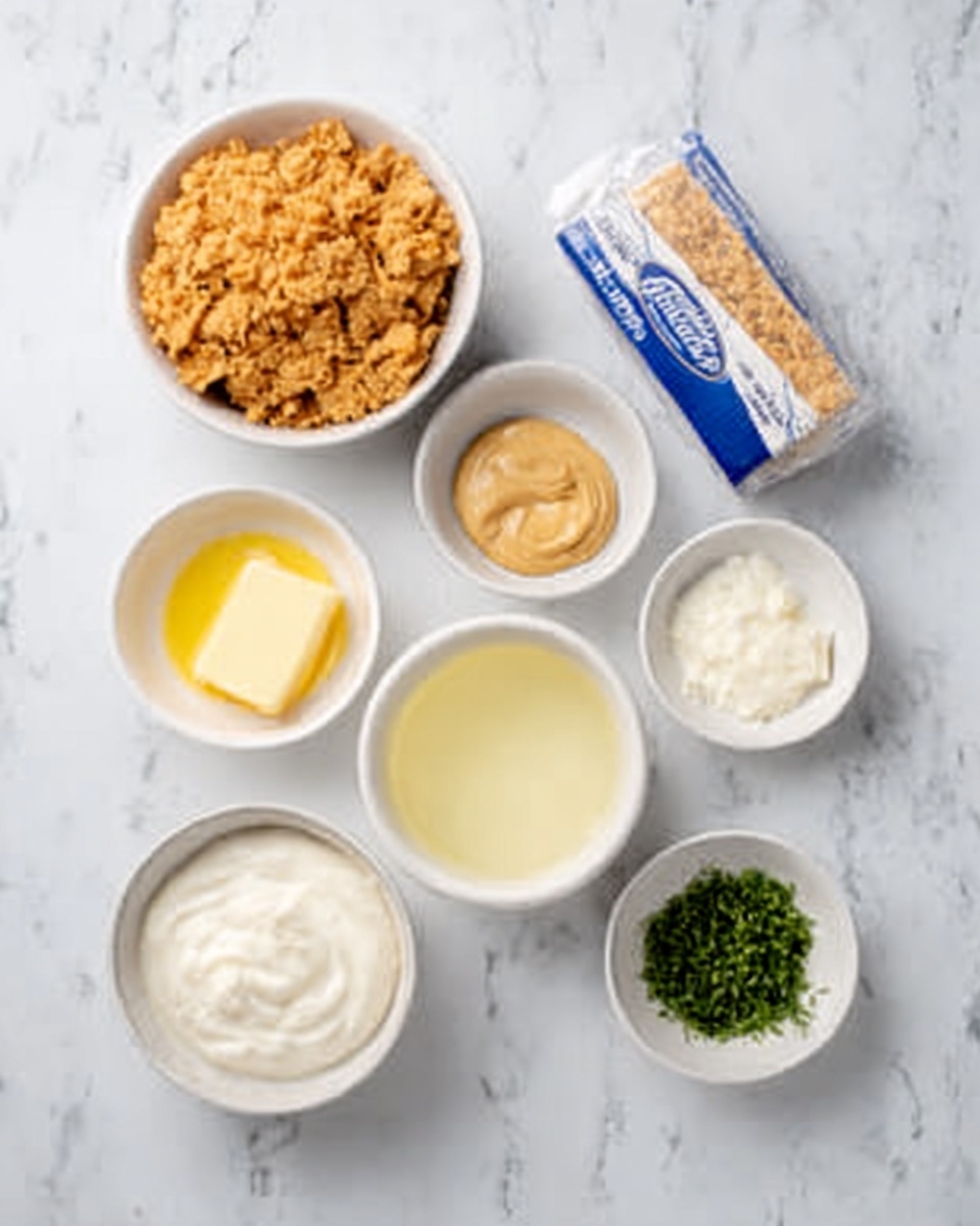 The image shows seven small white bowls arranged on a white marbled surface. In the top left is a bowl filled with crushed golden brown crackers. Below it, in a small bowl, there is melted yellow butter. In the middle is a tiny bowl with light brown mustard. To the right, there is a wrapped block of cream cheese with blue and white packaging. Below these, there is a white bowl with a light yellow liquid, a larger white bowl filled with white sour cream, and a small white bowl with finely chopped green herbs. photo taken with an iphone --ar 4:5 --v 7