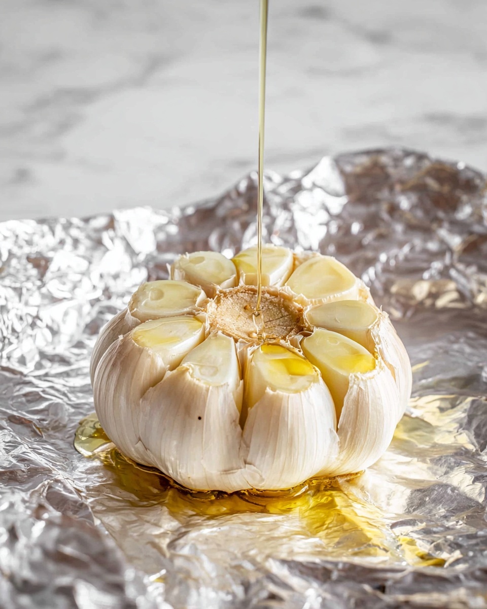 A whole garlic bulb with the top sliced off showing the creamy white and light yellow cloves, placed on crumpled shiny silver foil, with a thin stream of golden olive oil being poured directly onto the exposed cloves, all set against a white marbled textured surface in soft natural light photo taken with an iphone --ar 4:5 --v 7