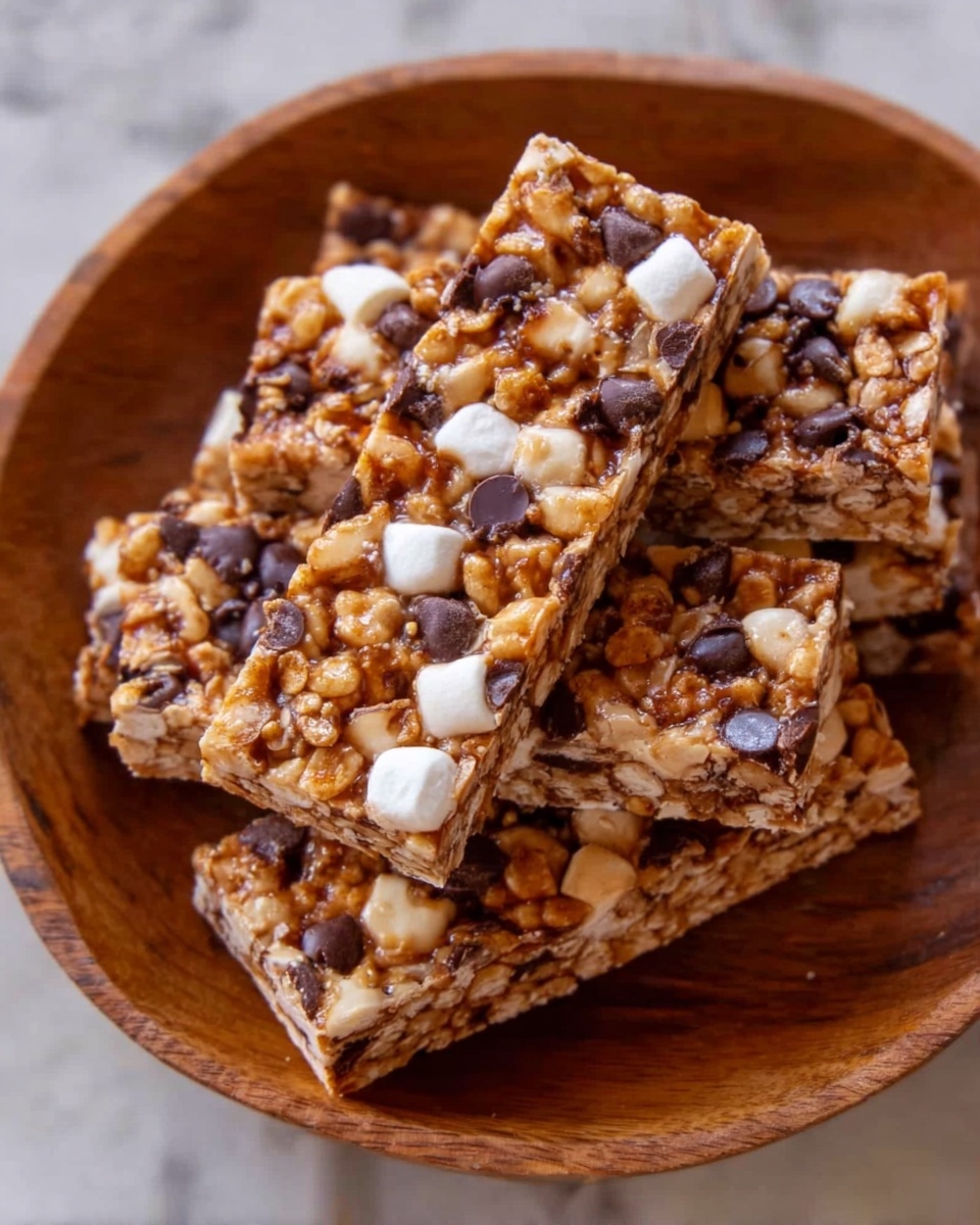 The image shows a wooden bowl filled with multiple rectangular granola bars stacked on top of each other. Each granola bar has a textured top layer consisting of light brown oats, small white marshmallows, dark brown chocolate chips, and some nut pieces, creating a crunchy and colorful surface. The bars are dense and slightly glossy, suggesting a sticky binding syrup. The wooden bowl sits on a white marbled surface. photo taken with an iphone --ar 4:5 --v 7