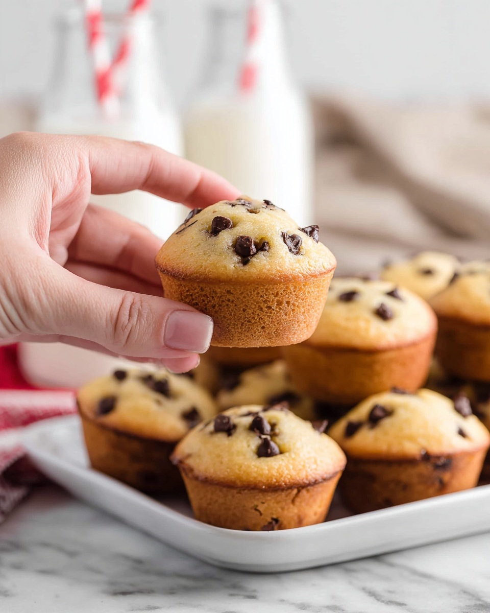 A close-up shows a woman's hand holding a small, light golden chocolate chip muffin with darker chips scattered inside and on top. In the background, there is a white platter filled with more muffins of the same kind, all textured with visible chocolate chips and a slightly browned, soft surface. Further back, there are two glass bottles of milk with red and white striped straws standing on a white marbled surface, and a blurred soft beige cloth in the background. photo taken with an iphone --ar 4:5 --v 7