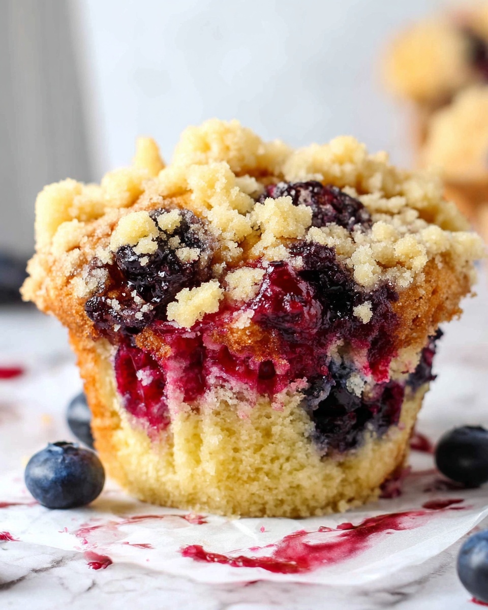 A close-up of a single muffin with three visible layers: the bottom layer is golden and soft with a slightly crumbly texture; the middle layer is filled with mixed berries, mainly dark blue and deep red, some juices slightly oozing down into the base; the top layer has a crumbly light yellow streusel topping with small clumped crumbs scattered unevenly over the berries. The muffin is resting on white paper with some berry stains on a white marbled surface. A few whole blueberries are scattered around. Photo taken with an iphone --ar 4:5 --v 7