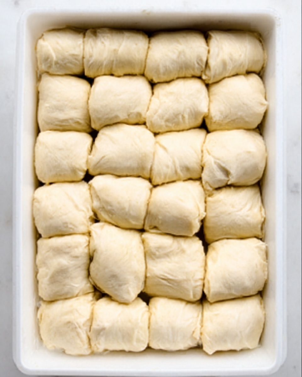 The image shows a white rectangular container filled with many pieces of dough wrapped tightly, stacked neatly in rows and columns. Each piece is pale beige in color with a smooth texture, appearing soft and slightly shiny. The dough pieces are arranged close together, covering the entire container, creating a consistent pattern. The background surface is white marble. photo taken with an iphone --ar 4:5 --v 7