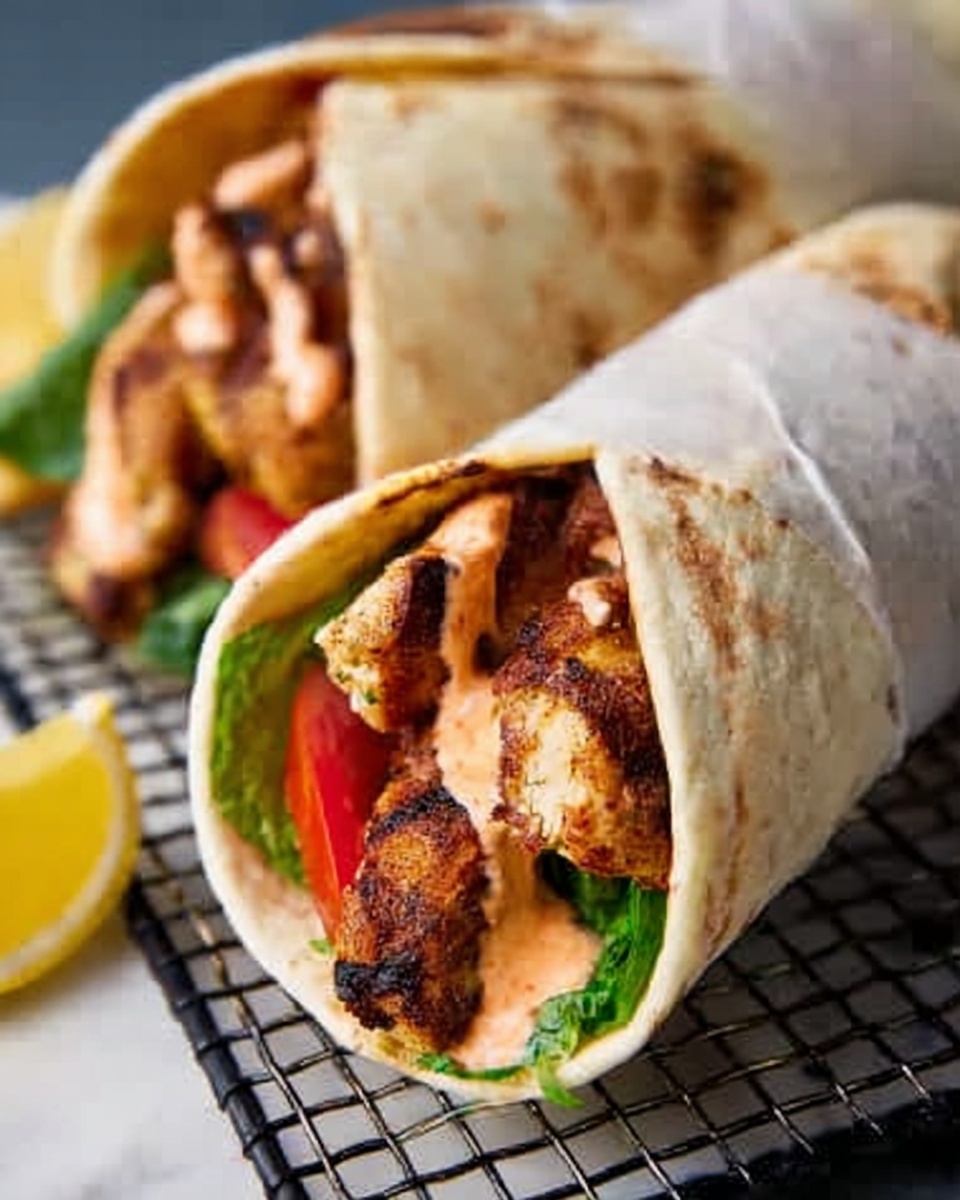 Two wraps are shown lying on a black wire rack over a white marbled surface. Each wrap is folded with a soft, slightly toasted flatbread, containing grilled pieces of chicken with a brown char. Inside, there are green lettuce leaves and bright red slices of tomato visible near the bottom edge. Light orange sauce is drizzled over the chicken. A slice of yellow lemon and a blurry woman's hand are visible in the background. photo taken with an iphone --ar 4:5 --v 7