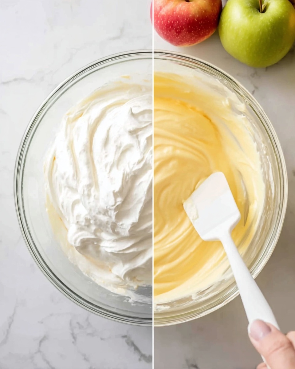 The image shows a clear glass bowl with two layers inside. The bottom layer is a thick, smooth, pale yellow mixture that fills the lower half of the bowl. On top of it, there is a large, fluffy white cream layer with soft peaks, partially mixed into the yellow layer. A white spatula is visible, stirring the cream layer on the right side. The bowl sits on a white marbled surface with a few green and red apples in the background, and a woman's hand is holding the spatula. Photo taken with an iphone --ar 4:5 --v 7