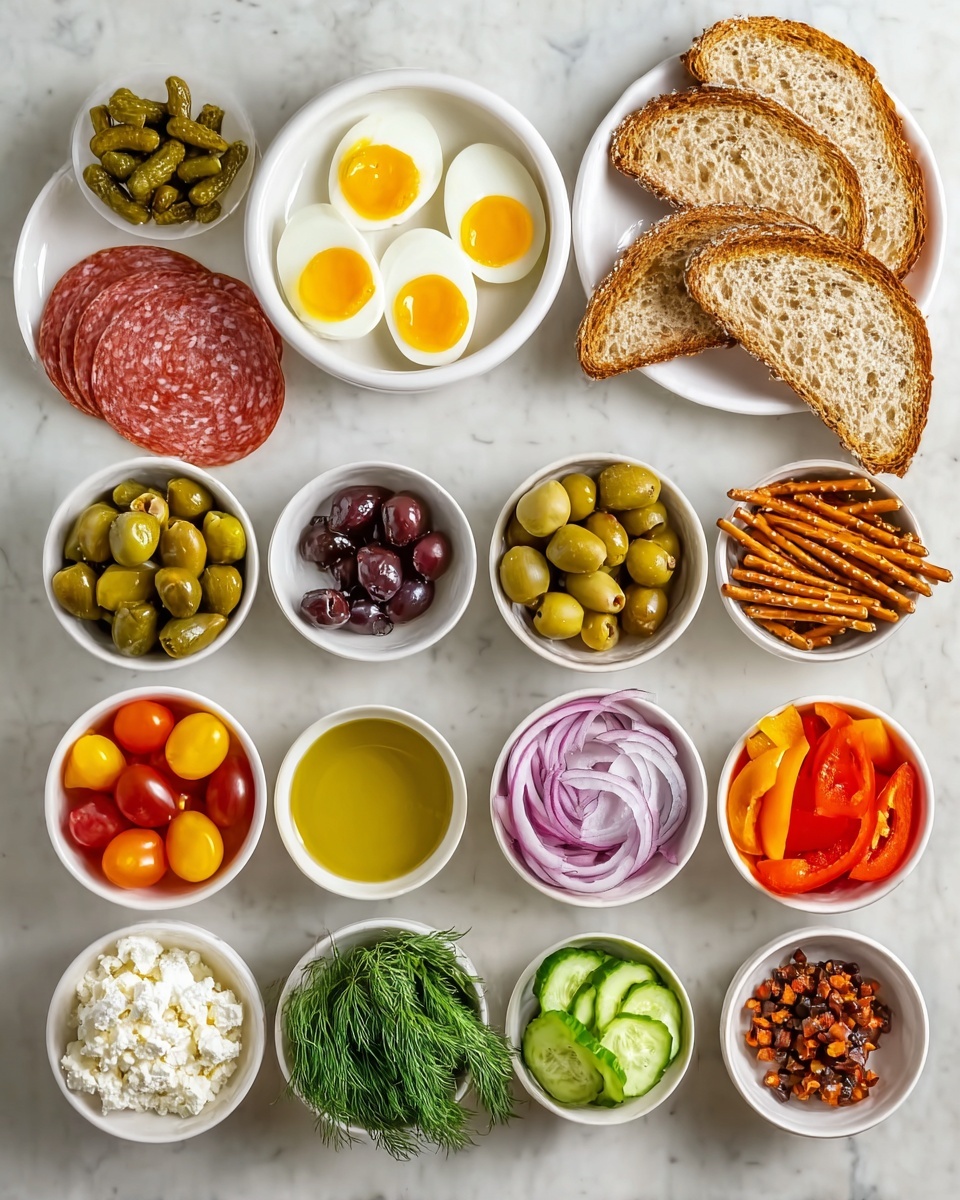 A white marbled surface holds an array of small white bowls filled with different foods arranged in a neat grid. At the top right, two round toasted bread slices sit beside a white bowl with thin slices of salami and another with hard-boiled eggs halved, showing bright yellow yolks. Next to these are small white bowls containing green and black olives, olive oil, capers, and soft white cheese. Cherry tomatoes in red, yellow, and orange colors fill one bowl, while another has red onion rings. Small peppers in orange and red rest in another bowl, and fresh cucumber spears fill a separate bowl. Crumbled white cheese fills two bowls of different sizes, a bunch of green dill is in one small bowl, and crispy pretzel sticks sit in another. All the items create a colorful and appetizing collection on the white marbled background photo taken with an iphone --ar 4:5 --v 7