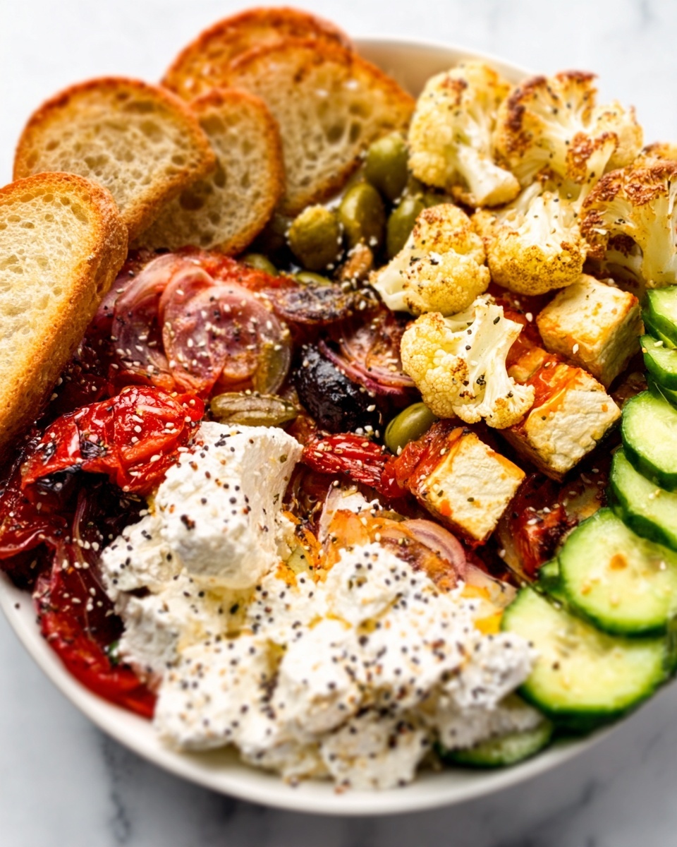 The image shows a white bowl filled with a colorful mix of food arranged in layers. At the bottom, there are slices of toasted bread on the left side. Next to the bread, there are red roasted vegetables, and on top of those lies some white soft cheese sprinkled with black seeds. To the right, there is a cluster of roasted cauliflower florets with a slightly browned top. Further right, several pieces of roasted golden tofu are stacked. On the far right, there are fresh cucumber slices arranged in a row. The overall texture varies from soft cheese to crunchy bread and crispy roasted vegetables, with a white marbled surface underneath. photo taken with an iphone --ar 4:5 --v 7