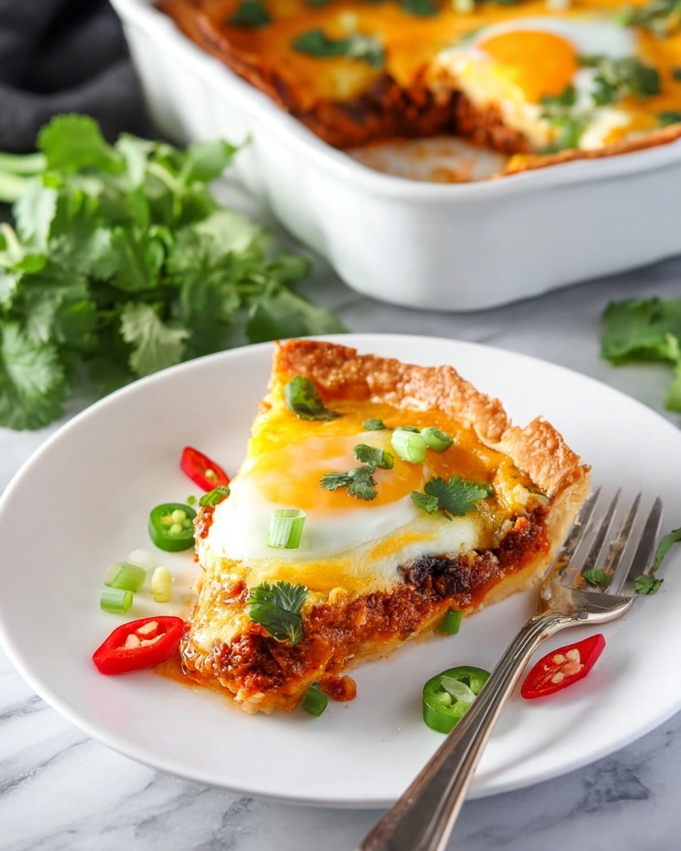 The dish is a slice of savory pie on a white plate, showing three main layers: a golden brown crust forming the base and edges, a thick middle layer of reddish-brown cooked filling with visible pieces of meat or vegetables, and a top layer with melted yellow and white cheese and a cooked egg with a bright yellow yolk in the center. Garnishes of fresh green cilantro leaves and small green onion pieces are scattered on the cheese layer and plate. A few slices of green and red chili peppers are placed on top near the crust. A silver fork is resting on the right side of the plate, and in the background, the rest of the pie sits in a white rectangular baking dish on a white marbled surface with some fresh cilantro sprigs nearby. Photo taken with an iphone --ar 4:5 --v 7