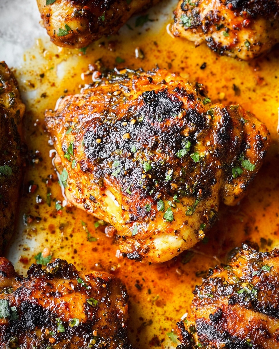 The image shows several pieces of grilled chicken placed closely together, cooked to a golden brown with dark char marks and a crispy texture. The chicken pieces are covered with small bits of green herbs, adding contrast. They sit in a shiny orange-brown oily sauce that has small specks of seasoning floating in it, all on a white marbled surface. The close-up view focuses on one larger piece of chicken in the center, surrounded by smaller pieces. Photo taken with an iphone --ar 4:5 --v 7