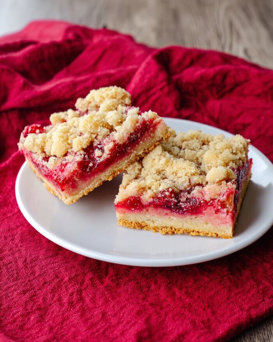 Two square slices of crumb-topped berry bars are placed side by side on a white plate. Each bar has three visible layers: a thick crumbly golden crust at the bottom, a bright red-pink berry filling in the middle with a slightly soft texture, and a light brown crumb topping with a coarse texture and small large chunks on top. The plate rests on a red cloth with a wrinkled texture, set on a wooden surface with a soft light. photo taken with an iphone --ar 4:5 --v 7