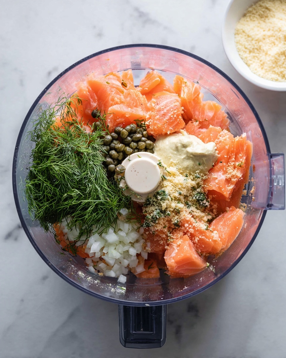 A clear round food processor bowl is filled with several layers of ingredients. The base layer consists of fresh, orange-pink salmon pieces with smooth textures, arranged evenly around the bowl. On top of the salmon, there are small piles of finely chopped white onions and dark green capers scattered on one side. A dollop of light cream and a portion of thick mustard are placed near the center. Fresh, bright green dill sprigs cover part of the salmon, adding a leafy texture and color contrast. The food processor sits on a white marbled surface, with a small white bowl of pale breadcrumbs visible near the top right corner of the image. Photo taken with an iphone --ar 4:5 --v 7