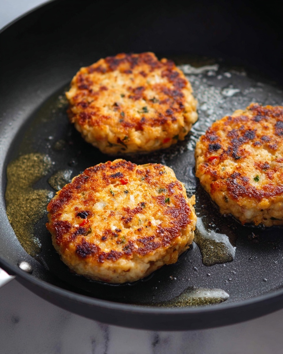 Three round, golden-brown patties with a slightly uneven texture and small visible bits of herbs and vegetables are cooking inside a black frying pan. The patties have a crispy, browned surface with some darker spots, showing they are being cooked well. Small drops of oil shimmer around the patties on the pan's dark surface. The frying pan rests on a white marbled texture. photo taken with an iphone --ar 4:5 --v 7