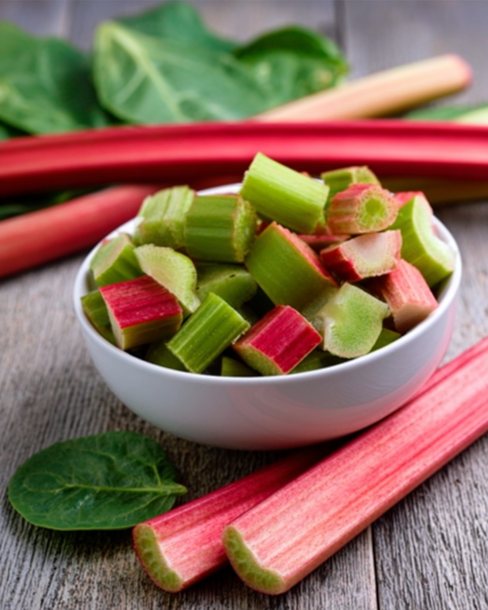 A white bowl filled with chopped rhubarb pieces showing bright green skin and red flesh sits on a wooden surface. Next to the bowl, there are several long, fresh rhubarb stalks with green edges and a pink-red center lying side by side. Spinach leaves blurred in the background add a touch of green color to the scene. The overall image is simple and fresh. photo taken with an iphone --ar 4:5 --v 7