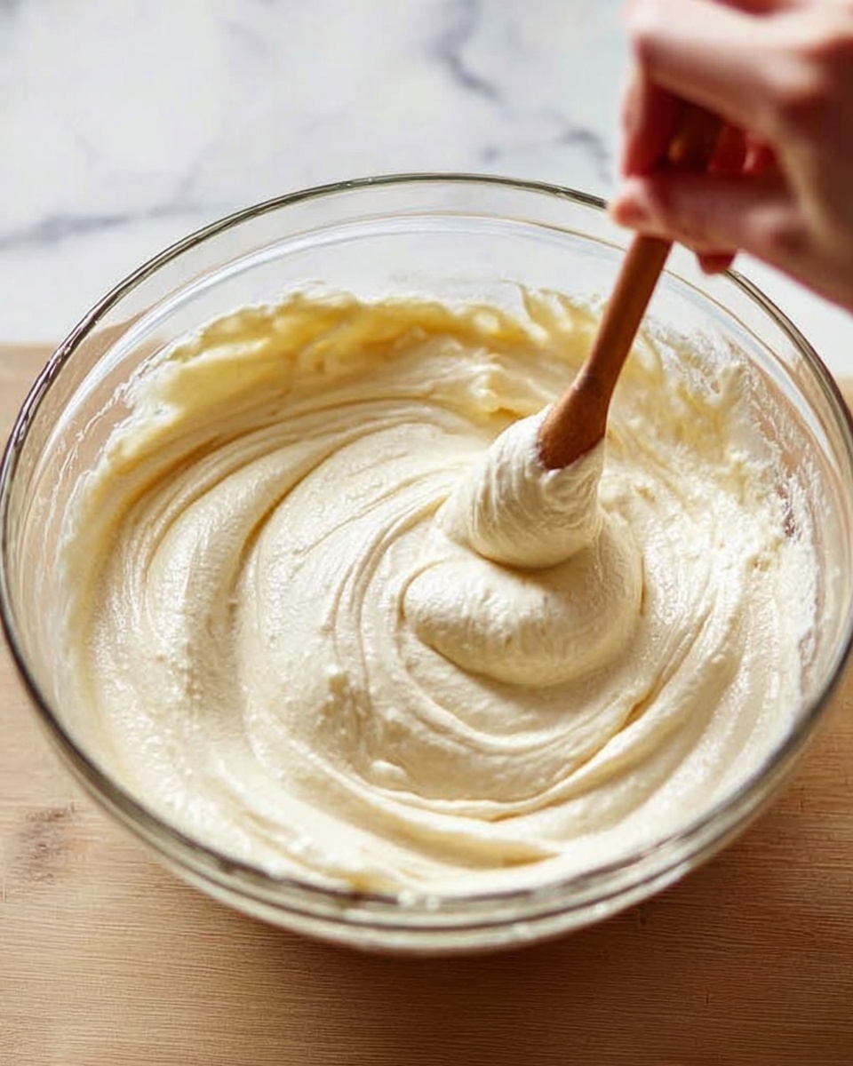 A close-up image shows a glass bowl filled with light cream-colored thick batter that has a smooth and soft texture. A woman's hand holds a wooden spoon stirring the batter gently, creating swirls on the surface and some slight peaks. The background is a white marbled texture with part of the wooden surface visible underneath the bowl. The focus is on the batter’s creamy consistency and the motion of mixing. photo taken with an iphone --ar 4:5 --v 7