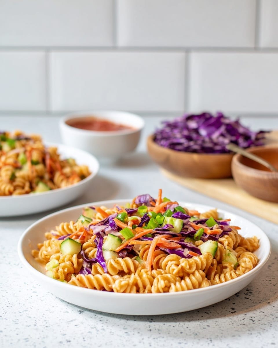 The image shows a white round plate filled with a colorful pasta salad made of three visual layers: the base layer is spiral pasta in a light orange sauce, mixed with green cucumber pieces; the second layer has thin orange carrot strips scattered evenly; the top layer is pieces of purple cabbage and small green onion slices spread across the pasta, giving the dish a fresh, crunchy look. In the background, there is another similar plate slightly blurred and two small bowls, one with more purple cabbage and the other with red dressing. The setting is on a white marbled table with white tiled wall in the back. Photo taken with an iphone --ar 4:5 --v 7