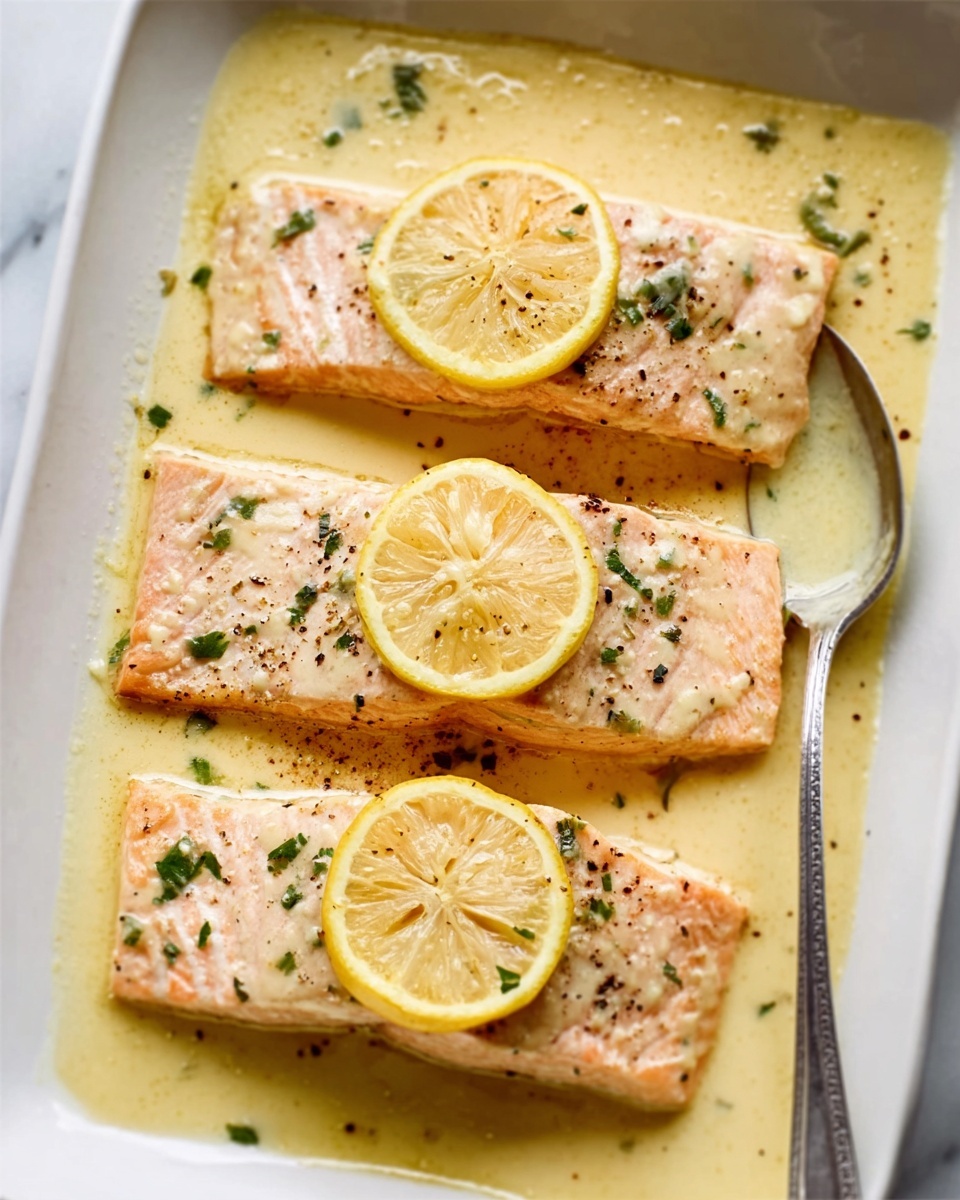 Three pieces of cooked salmon fillets lie side by side on a white plate, each topped with a thin slice of lemon and sprinkled with black pepper and herbs. The salmon has a light pink color with a slightly shiny texture from the creamy yellow sauce pooling around and under the fish. A silver spoon is placed on the right edge of the plate, partly resting in the sauce. The background is a white marbled texture. Photo taken with an iphone --ar 4:5 --v 7
