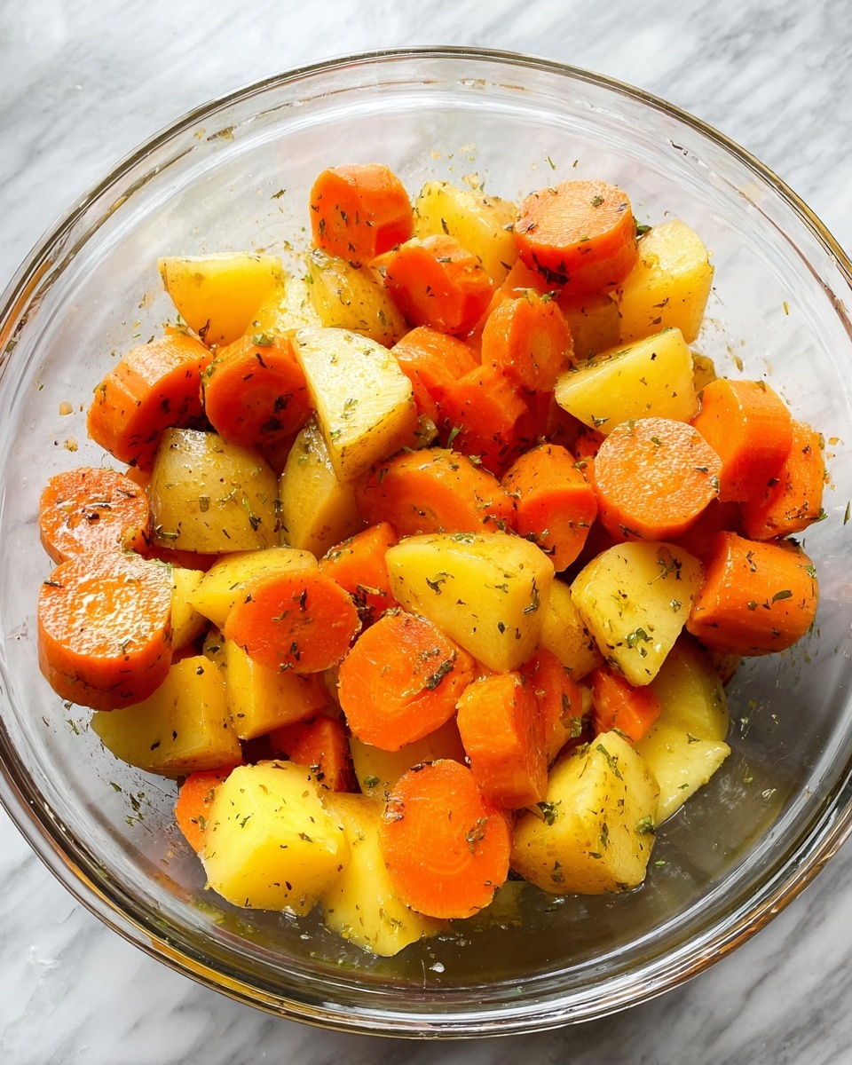 A clear glass bowl filled with thick slices of orange carrots and chunked yellow potatoes mixed together, both coated lightly with herbs and oil giving a slight shine, the bowl set on a white marbled textured surface photo taken with an iphone --ar 4:5 --v 7