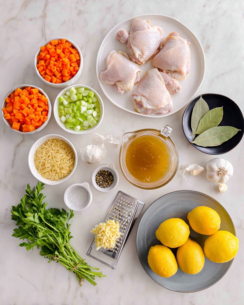 The image shows raw chicken thighs with pale pink skin placed on a white plate in the upper left center. Around the chicken, there are several white bowls filled with bright orange sliced carrots, light green chopped celery, small diced white onions, and a clear measuring cup filled with uncooked golden orzo pasta. A larger clear measuring cup below the chicken holds amber-colored broth. Nearby, a small black bowl with two green bay leaves sits to the right. Fresh yellow lemons, some whole and some halved, rest on a gray plate toward the bottom right, next to a metal grater with yellow zest on it. Below the lemons, a bunch of fresh green parsley lies flat, near two small whole garlic bulbs. Small white ramekins with black pepper, light green dried herbs, and a white ramekin with salt and a golden spoon are arranged near the top left. The background is a white marbled surface. photo taken with an iphone --ar 4:5 --v 7