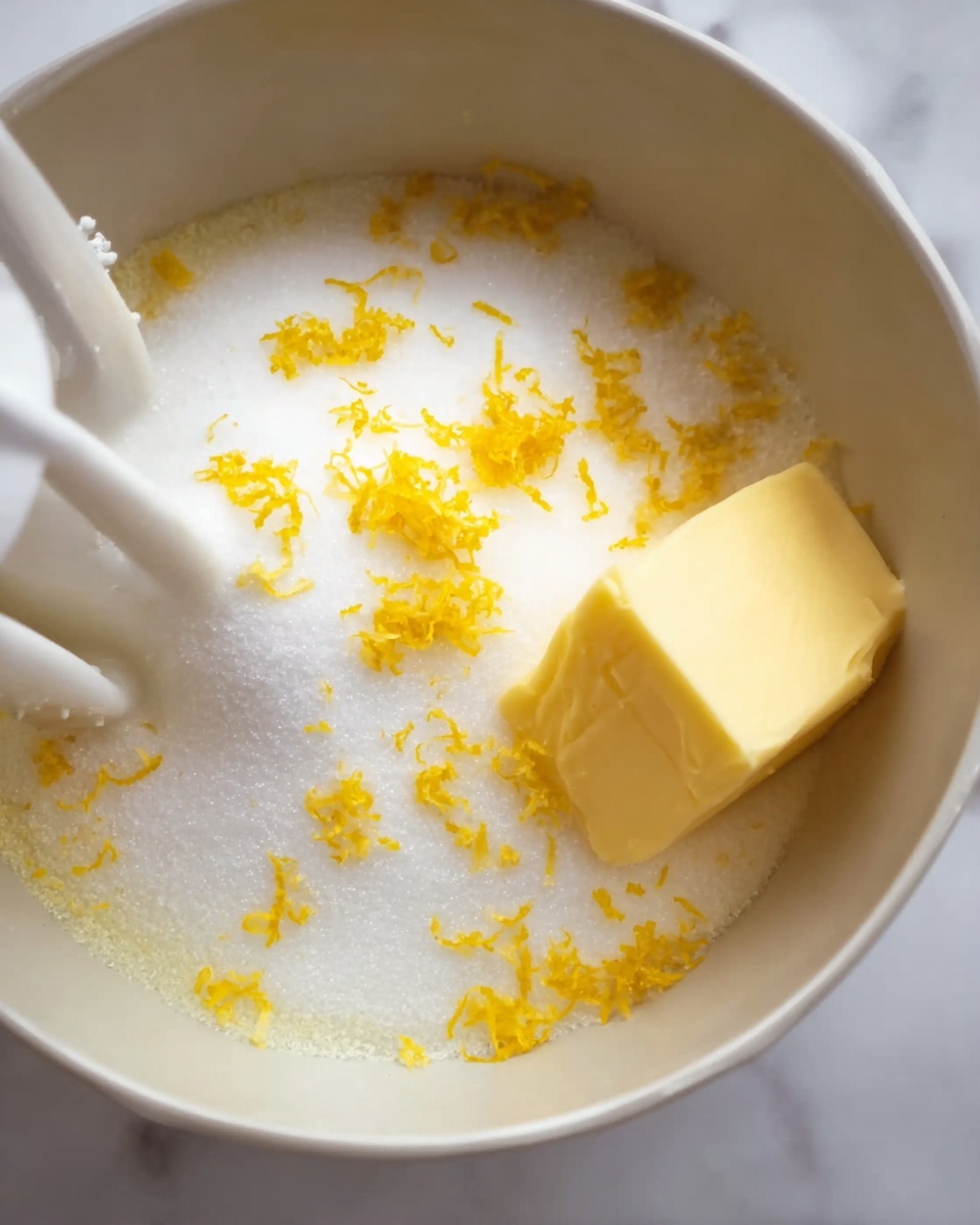 A white metal bowl filled with a layer of white granulated sugar topped with small patches of bright yellow lemon zest, alongside a block of yellow butter on one side, with a white mixer paddle partially visible in motion on the left side of the bowl, all set against a white marbled surface. photo taken with an iphone --ar 4:5 --v 7