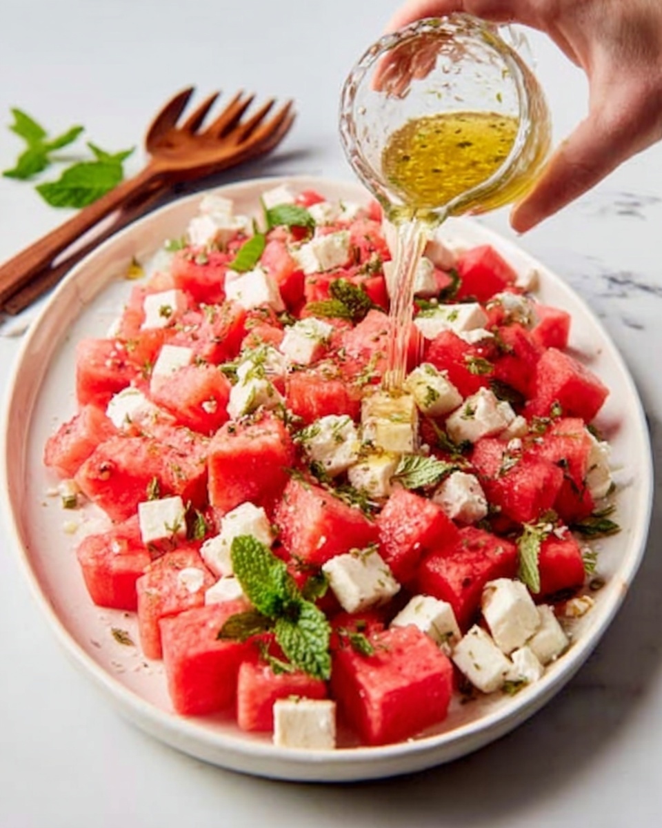 A white oval plate filled with a colorful watermelon salad. The salad has many small red watermelon cubes mixed with white feta cheese cubes and green mint leaves scattered evenly. A woman's hand is pouring a light yellow dressing over the top from a small glass container. The plate is placed on a white marbled surface, and a wooden fork and spoon set is partly visible in the bottom left corner. photo taken with an iphone --ar 4:5 --v 7