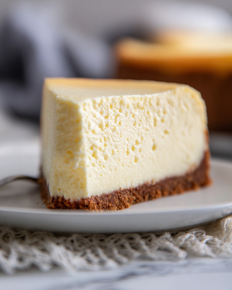 A close-up of a single slice of cheesecake on a white plate, showing two layers: a thick, creamy light yellow top layer with a smooth texture and small air bubbles, and a thinner brown crumbly crust at the bottom. In the blurred background, part of another cheesecake slice is visible. The plate is on a white marbled surface with a textured cloth underneath. The photo taken with an iphone --ar 4:5 --v 7