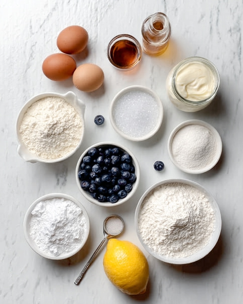 The image shows a white marbled surface with ingredients for a recipe neatly arranged in small white bowls and dishes. There are two brown eggs, a small bottle with amber liquid, a glass jar with white cream, and a small bowl of brown sugar. There are several white bowls filled with white flour and powdered white sugar, a small bowl with a sparkling white powder, and a measuring cup filled with fresh blueberries. At the bottom, there is a yellow lemon sitting on the surface. Everything is placed in a clean, organized way in a soft natural light. Photo taken with an iphone --ar 4:5 --v 7