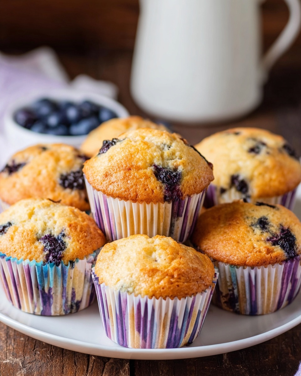 A white plate holds eight golden brown muffins, each in a paper liner with vertical stripes in shades of purple, blue, and white. The muffins have a slightly cracked top surface with visible dark blueberries baked inside. The plate sits on a wooden surface, and in the background, there is a white jug, slightly blurred. The lighting is soft and natural, highlighting the muffins' texture and color. Photo taken with an iphone --ar 4:5 --v 7
