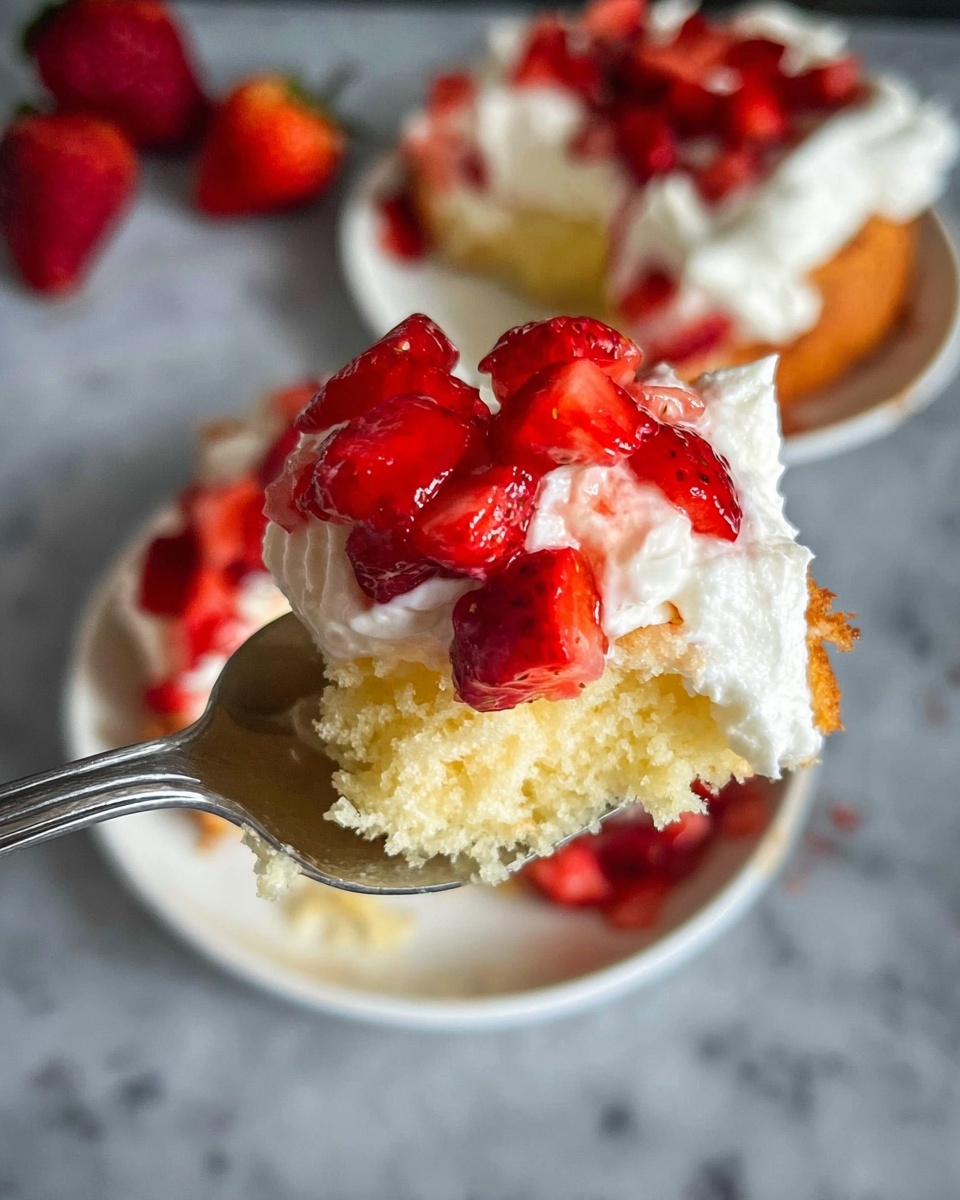 A small round golden cake sits in the center of a white plate, surrounded by bright red strawberry pieces. On top of the cake is a thick layer of white, fluffy whipped cream that looks soft and creamy. More strawberry slices are placed on top of the whipped cream, adding a fresh and juicy look with their shiny red texture. The plate rests on a white marbled surface. photo taken with an iphone --ar 4:5 --v 7