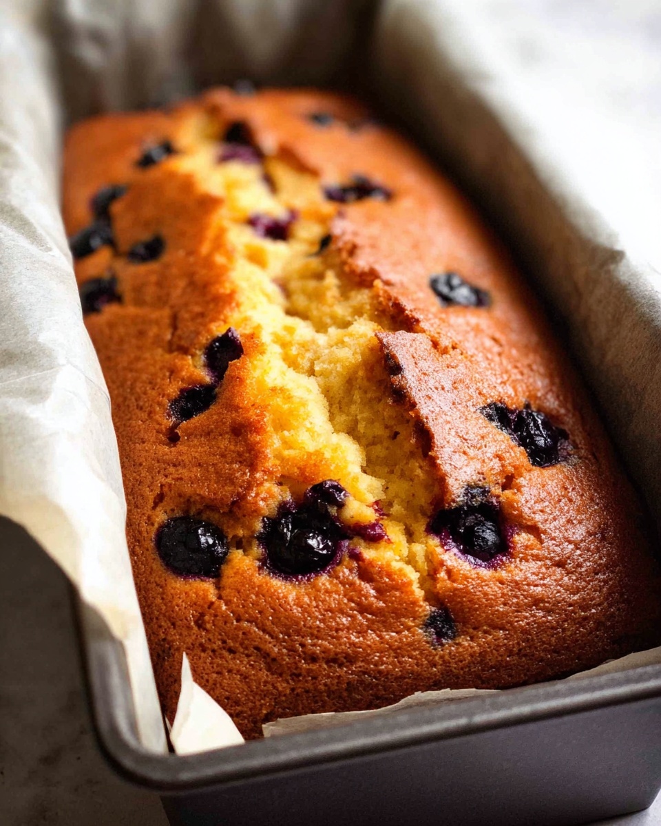 A close-up view of a golden brown blueberry loaf with a crack running through the middle, showing soft yellow cake inside dotted with dark purple blueberries, sitting in a dark metal baking pan lined with lightly wrinkled parchment paper on the sides. The texture looks moist with a slightly crispy top crust. The background is a white marbled surface. Photo taken with an iphone --ar 4:5 --v 7