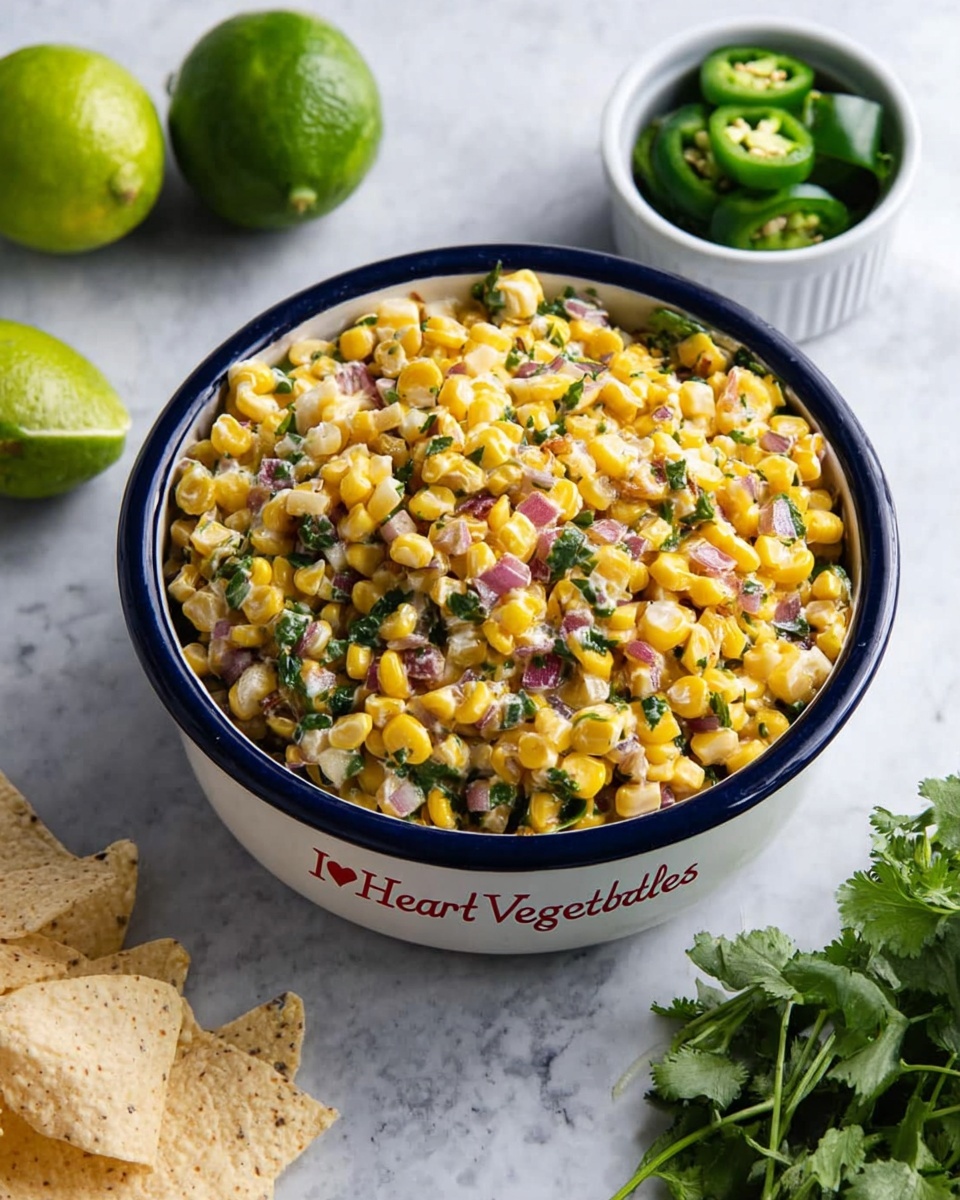 The image shows a bowl filled with a colorful corn salad consisting of bright yellow corn kernels mixed with small pieces of red onion and green herbs, giving the salad a fresh and textured look. The bowl is white with a dark blue rim and the words