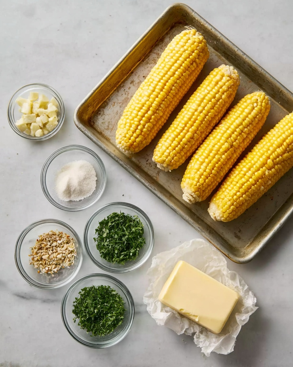 The image shows four ears of yellow corn on a metal tray with a slightly worn texture. To the right of the tray, there are six small glass bowls arranged in two rows on a white marbled surface. The top row has three bowls with minced garlic, dried seeds, and chopped dried herbs. The bottom row has two bowls with chopped fresh green herbs and white salt, and next to these is a partially unwrapped block of pale yellow butter with its paper partly open. The setting is clean and simple, with everything placed neatly. Photo taken with an iphone --ar 4:5 --v 7