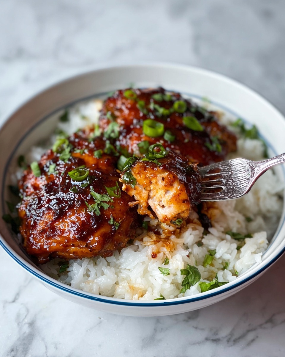 A white bowl with a thin blue rim holds a bed of white rice at the bottom, topped with two pieces of dark brown glazed chicken. The chicken looks shiny and is sprinkled with chopped green onions and fresh herbs. A fork is holding a piece of chicken and some rice in the front right of the bowl. The bowl sits on a white marbled surface. photo taken with an iphone --ar 4:5 --v 7