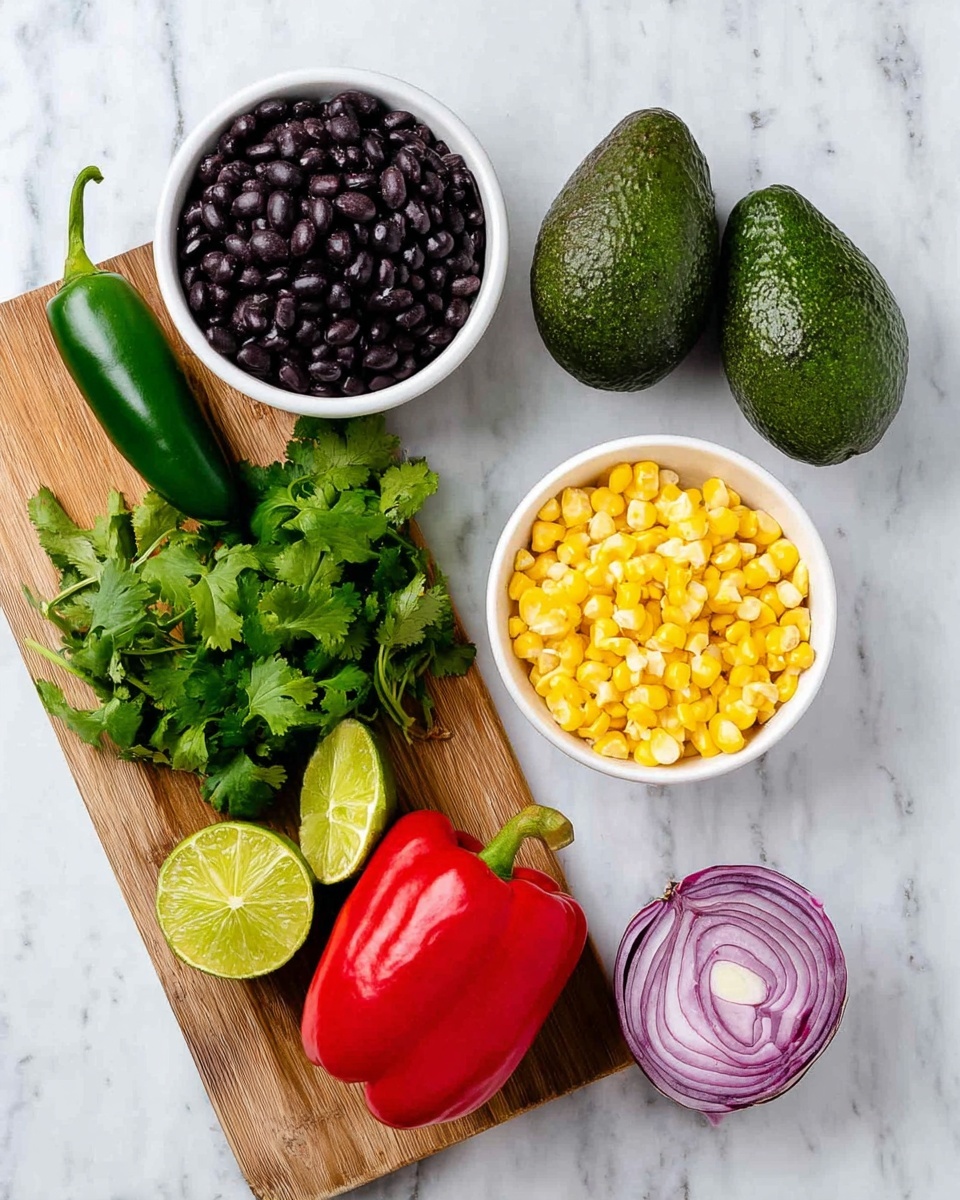 The image shows an arrangement of fresh ingredients on a white marbled surface. There is a white bowl filled with dark black beans on the top left, and to the right of that, two whole dark green avocados sit side by side. Below the avocados, another white bowl holds bright yellow corn kernels. On the left side, a wooden cutting board has a bunch of green cilantro leaves, a dark green jalapeño pepper, and a lime wedge sliced in half. To the right of the cutting board are a whole red bell pepper and a half of a red onion with purple layers visible. Each ingredient stands out with its natural vibrant color and texture. Photo taken with an iphone --ar 4:5 --v 7