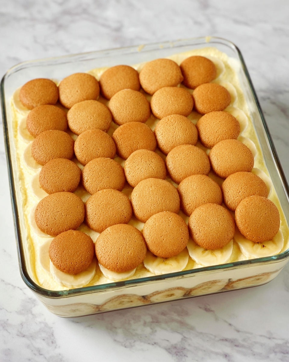A glass square dish shows three layers: the bottom layer is creamy and pale yellow, topped by a neat single layer of round banana slices with light yellow color and soft texture, and the top layer consists of evenly spaced, golden-brown round cookies arranged in rows, each cookie smooth and slightly domed. The dish is placed on a white marbled surface. photo taken with an iphone --ar 4:5 --v 7