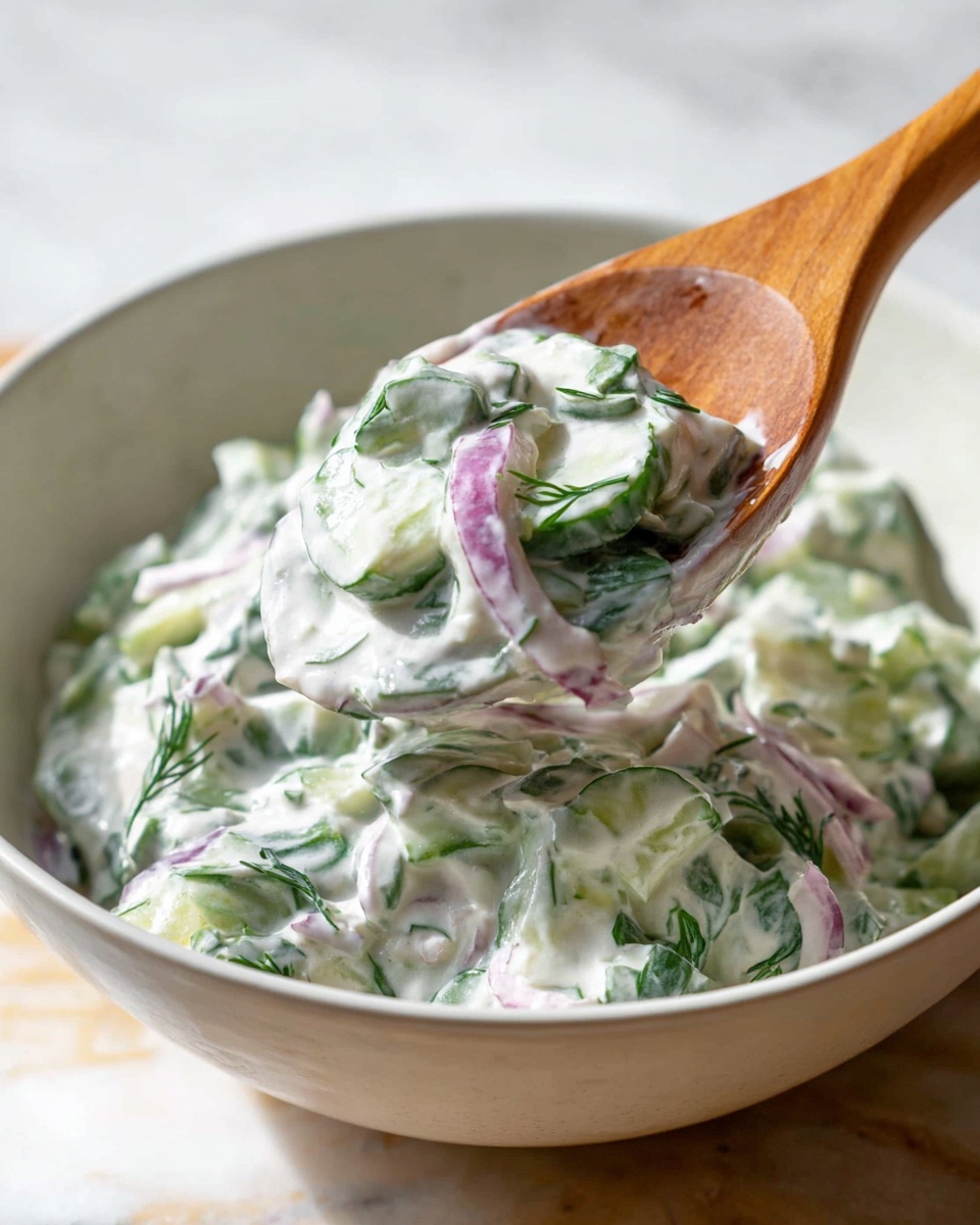 A white bowl filled with a creamy mixture that has visible small green pieces of cucumber, thin slices of purple onion, and delicate green dill leaves mixed throughout. A wooden spoon holds a scoop of the mixture above the bowl, showing the thick and chunky texture with all ingredients well blended together. The bowl is set on a white marbled surface with soft lighting that highlights the fresh and cool look of the salad. photo taken with an iphone --ar 4:5 --v 7